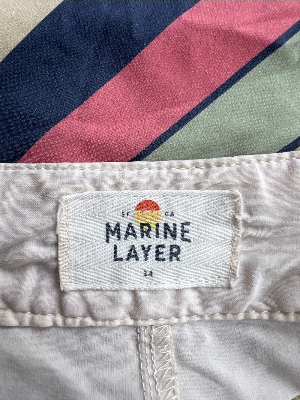 MARINE LAYER 5” Swim Trunks Board Beach Shorts 34 Khaki Multi-Stripe Retro Surf - Picture 2 of 11